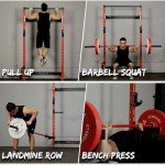 Mikolo Wall Mounted Squat Rack, Folding Power Rack with Lat Pulldown & Cable Crossover System, Power Cage with Pulley System and Training Attachments for Home Gym, Weight Capacity 1450LBS(Red)