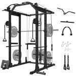 Mikolo Power Cage, Power Rack with Cable Crossover System, 1500LBS Squat Rack with LAT Pull Down System, Home Gym Packages with Weight Bench, Olympic Barbell Weight Set-Black