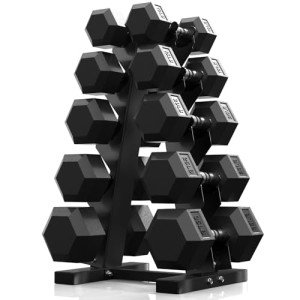 PAPABABE Rubber Hex Dumbbell Set with Rack