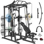 SunHome Smith Machine with Weight Bench, Multifunction Power Cage Squat Rack with Smith Bar, LAT Pull-Down Systems, Cable Crossover Machine for Home Gym