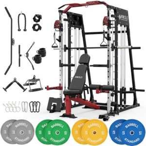 Mikolo Multi-Function Power Cage, 2200lbs Squat Rack with LAT-Pull Down System & Cable Crossover Machine, Training Equipment with Leg Hold-Down Attachment, Garage & Home Gym Package (Red)