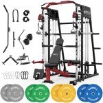 Mikolo Multi-Function Power Cage, 2200lbs Squat Rack with LAT-Pull Down System & Cable Crossover Machine, Training Equipment with Leg Hold-Down Attachment, Garage & Home Gym Package (Red)