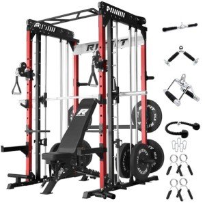 RitFit M1 Pro SmithMachine with Cable Crossover System, Multi-Function Squat Rack Power Cage for Home Gym, Power Rack and Packages Red（bp260 Package）