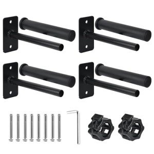 EVERYMATE Weight Plate Holder, Wall Mounted Weight Rack for 1" and 2" Olympic Weight Plates, 4 Pack Home Gym Storage with 8pcs Steel Expansion Bolts & 2pcs Bar Collar, Weight Storage Racks