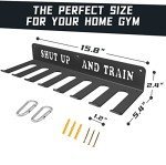 Black Rack 8 Hooks Metal Heavy-gauge Workout Rack Wall Mount Organizer Multi-Purpose Workout Gear Storage for Sports Gears Barbells Lifting Belt Fitness Band Carabiners Included With Uplifting Words