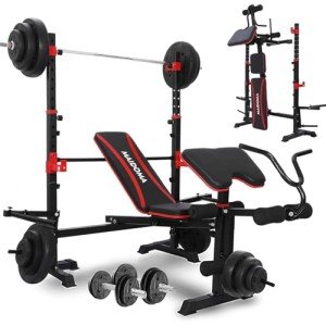 MAIDOMA 1500LB 6 IN 1 Olympic Weight Bench with Leg Extension and Leg Curl, Foldable Bench Press with Preacher Curl and Squat Rack, Workout Benches with Safety Bar Catches for Home Gym(US Stock)