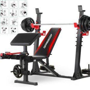 OPPSDECOR Weight Bench Set with Barbell/Squat Rack, 900LBS Heavy Duty Pro Bench Press Set with Leg Curl/Extension and Preacher Curl, Adjustable Full-Body Workout Bench for Home Gym Fitness (Darkred)