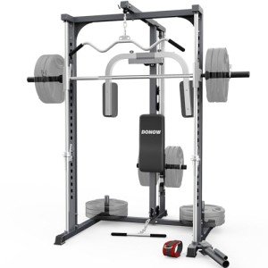 DONOW Smith Machine Power Cage Power Rack Squat Rack with Smith Bar Home Gym System with LAT Pull Down Chest Station for Strengthen Training Without Weights