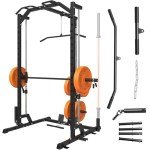 GMWD SmithΔ Machine, 1000LBS Power Cage with LAT Pull Down Pulley System and Cable Row, Multi-Function Squat Rack Cage, More Cable Attachments for Weight Cage Home Gym, Black