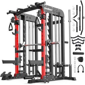 Pooboo Multi-Functional Machine Power Cage, 2000LB Squat Rack, LAT-Pull Down System, Dual Pulley Cable Crossover System, Home Gym Workout Machine with Strength Training Attachments(P43-Pro)