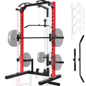 OPPSDECOR Smith Machine Squat Rack, Power Rack Home Gym with Cable Machine, Pull-up Bar, Pull-Down Bar & Row Bar, Multi-Functional Power Cage with Weight Storage and More Attachments (Red)