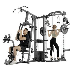 GMWD SmithΔ Machine Power Cage, Multi-Function Home Gym System with Cable Crossover System, Dual-Sided Workout Station with 121LBS Weight Stack, Power Rack, Functional Trainer, Home Gym Equipment