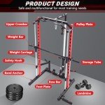 OPPSDECOR Smith Machine Squat Rack, Power Rack Home Gym with Cable Machine, Pull-up Bar, Pull-Down Bar & Row Bar, Multi-Functional Power Cage with Weight Storage and More Attachments (Red)