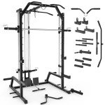 GYMWORTH Smith Machine, Power Rack with LAT Pulldown System, 1000LBS Half Power Cage with Pulley System, Spotter Arms, Landmine, Band Pegs, Adaptor Sleeves and More Attachments for Home Gym
