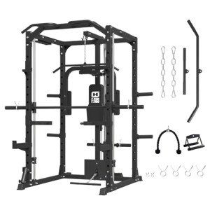 FAGUS H Multi-Functional SmithMachine Power Cage Power Rack Squat Rack Home Gym System with LAT Pull Down Chest Press PEC Fly Landmine with Full Body Training Attachments for Home Gym, Black