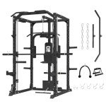 FAGUS H Multi-Functional SmithMachine Power Cage Power Rack Squat Rack Home Gym System with LAT Pull Down Chest Press PEC Fly Landmine with Full Body Training Attachments for Home Gym, Black