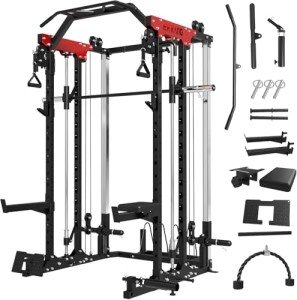 Temtum Smith Machine, 2000LBS Squat Rack with Cable Crossover System, Multi-Function Power Rack, Functional Trainer, and LAT Pulldown System, and More Cable Attachments for Home Gym