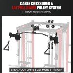 FAGUS H Commercial Smith Machine with Smith Bar, 4000LBS Power Cage Squat Rack with Lever Arm, Leg Press, LAT Pull Down System, Multi-Function Linear Bearing Cable Crossover Machine for Home Gym, Red