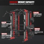 FAGUS H Commercial Smith Machine with Smith Bar, 4000LBS Power Cage Squat Rack with Lever Arm, Leg Press, LAT Pull Down System, Multi-Function Linear Bearing Cable Crossover Machine for Home Gym, Red