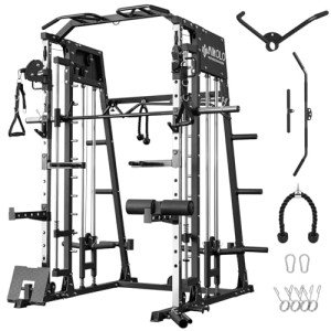 Mikolo Smith Machine, 2200lbs Squat Rack with LAT-Pull Down System & Cable Crossover Machine, Training Equipment with Leg Hold-Down Attachment, Black