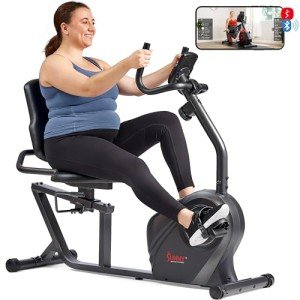 Sunny Health & Fitness Heavy-Duty Recumbent Smart Bike, Wide Cushioned Seat & Back, Cycling Workout Machine, Bicycle Exercise for Adult/Seniors at home, Exclusive Free SunnyFit App Bluetooth Link