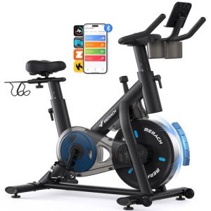 MERACH Exercise Bike, Brake Pad/Magnetic Stationary Bike with Exclusive App, Low Noise Indoor Cycling Bike with 270LBS Weight Capacity, Dumbbell Rack and Fitness Courses for Weight Loss