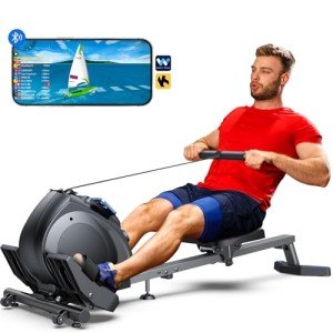 WELLFIT Rowing Machine, Magnetic Rowing Machine for Home, Low-Impact, Compact Upright Storage Rower for Small Space, Portable 34LBS Easy to Move, 300lbs Weight Capacity, Works with Kinomap, Black