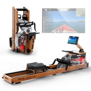 PASYOU Water Rowing Machines for Home Oak Wood Foldable Rower Machine 330LB Weight Capacity, 6 Levels Adjustable Row Machines with Monitor & Device Holder & 14L Tank, Bluetooth with Kinomap APP