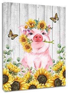 Cute Pig & Sunflowers Wall Art Decor 12x16
