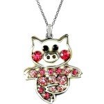 Cute Pink Pig Pendant Necklace with Rose Crystals