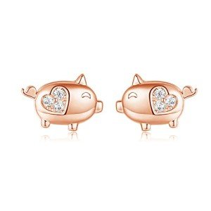 Cute Pig Heart Earrings - Sterling Silver & Rose Gold
