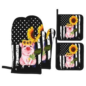 American Flag Pig and Sunflower Oven Mitts and Pot Holders Set of 4 Washable Heat Resistant Kitchen Gloves Waterproof Oven Gloves and Hot Pads for Cooking Grilling BBQ Baking