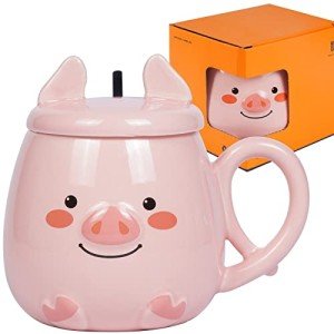 Cute Pink Pig Coffee Mug with Lid and Spoon