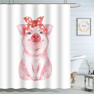 Cute Pink Pig Shower Curtain with Red Headband