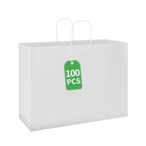 Bulk 100 Pack White Kraft Paper Bags with Handles