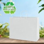 Bulk 100 Pack White Kraft Paper Bags with Handles