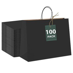 Sturdy Black Gift Bags - 100 Pack, 16x6x12
