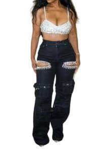 YAWJET Women's Cut-Out Cargo Jeans with Pockets