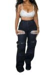 YAWJET Women's Cut-Out Cargo Jeans with Pockets