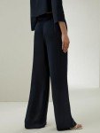 Silk Wide Leg Trousers with Concealed Zip - Midnight Blue