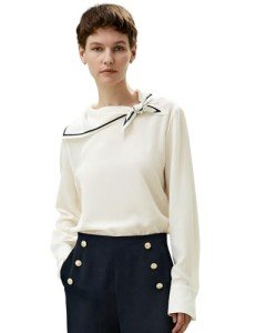 Silk Blouse with Semi-Fixed Collar and Stripes