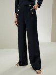 Silk Wide Leg Trousers with Concealed Zip - Midnight Blue