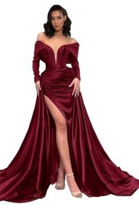 Elegant Off-Shoulder Burgundy Satin Evening Gown