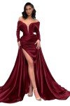 Elegant Off-Shoulder Burgundy Satin Evening Gown