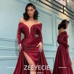 Elegant Off-Shoulder Burgundy Satin Evening Gown