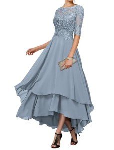Dusty Blue Lace Tea-Length Dress for Weddings