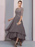 Dusty Blue Lace Tea-Length Dress for Weddings