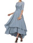 Dusty Blue Lace Tea-Length Dress for Weddings