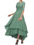 Dusty Blue Lace Tea-Length Dress for Weddings