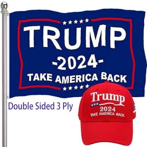 Vettres Trump 2024 Flag and Trump Hat Set,3x5 Outdoor Double Sided 3 Ply-Donald Trump Take America Back Flags MAGA hat USA Embroidery Adjustable Baseball Cap Blue Flag + Red Hat